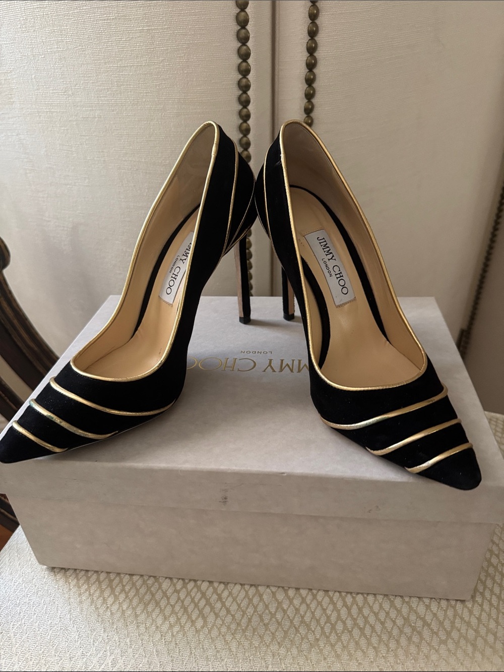 Jimmy Choo Black and Gold Trim Pointed Toe Stilettos